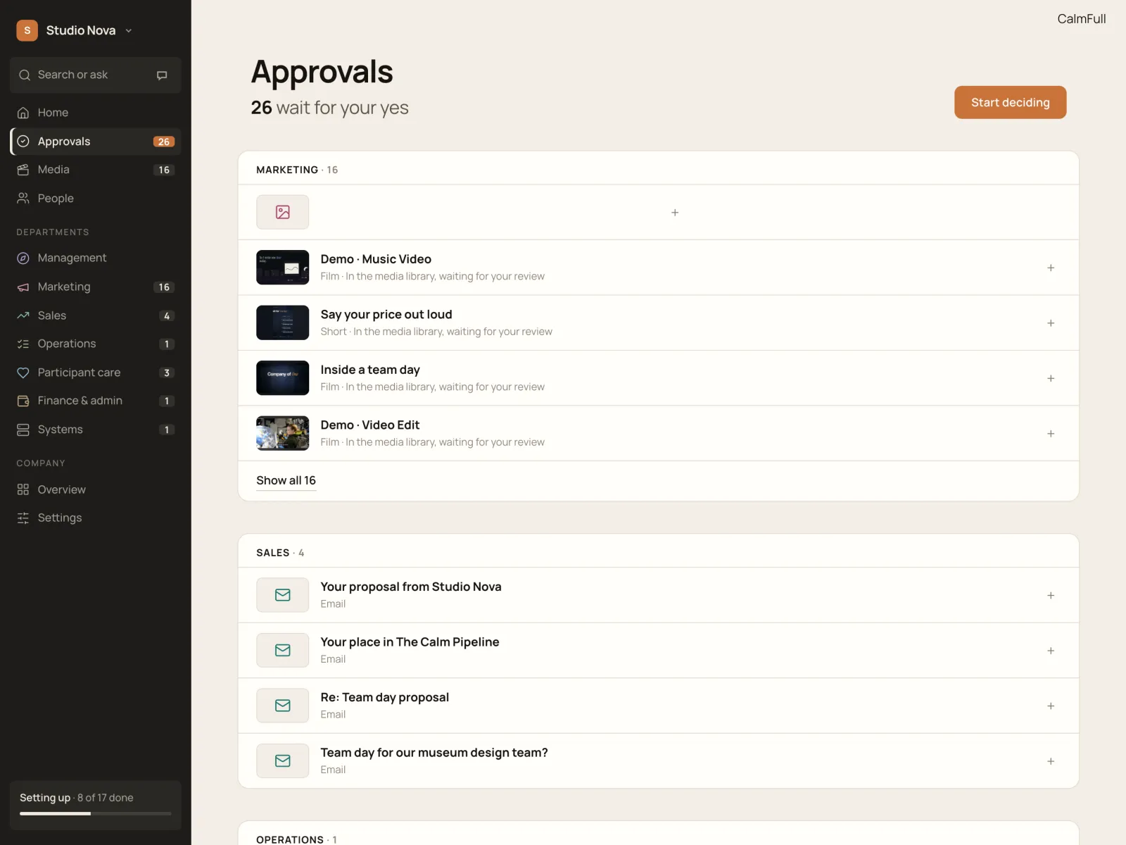 Approvals, in the Company of One app (Studio Nova demo company), on an iPad