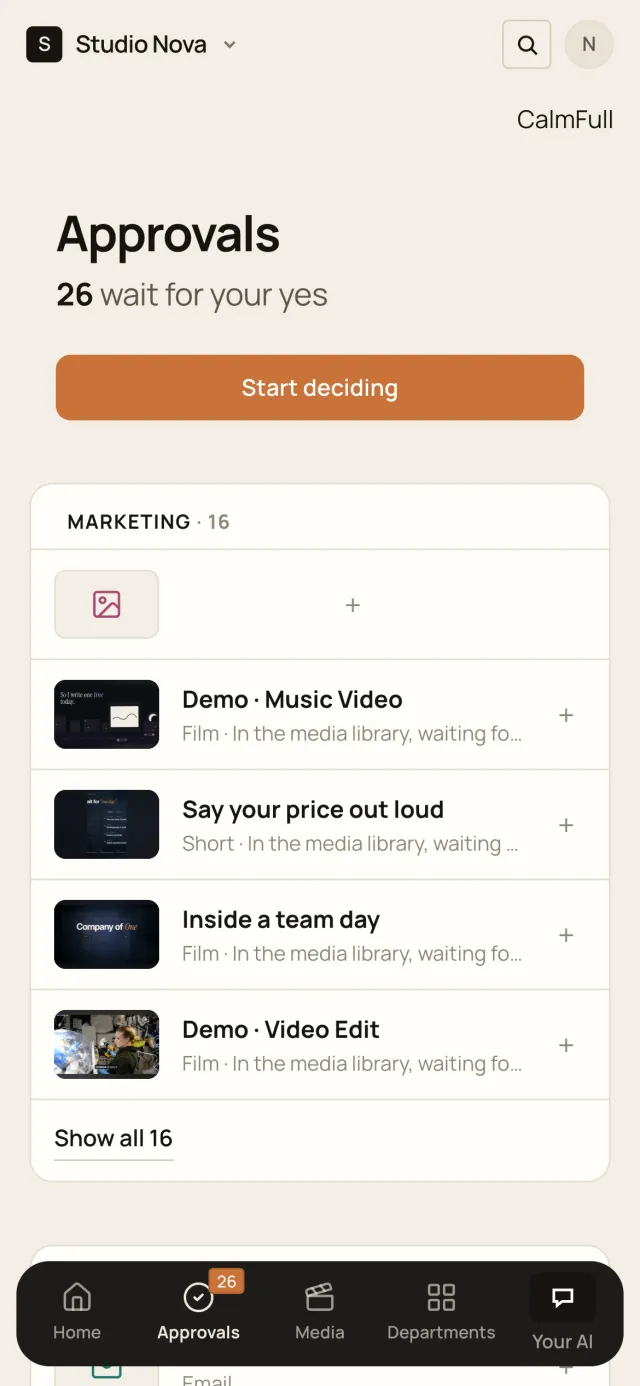 Approvals, in the Company of One app (Studio Nova demo company), on a phone