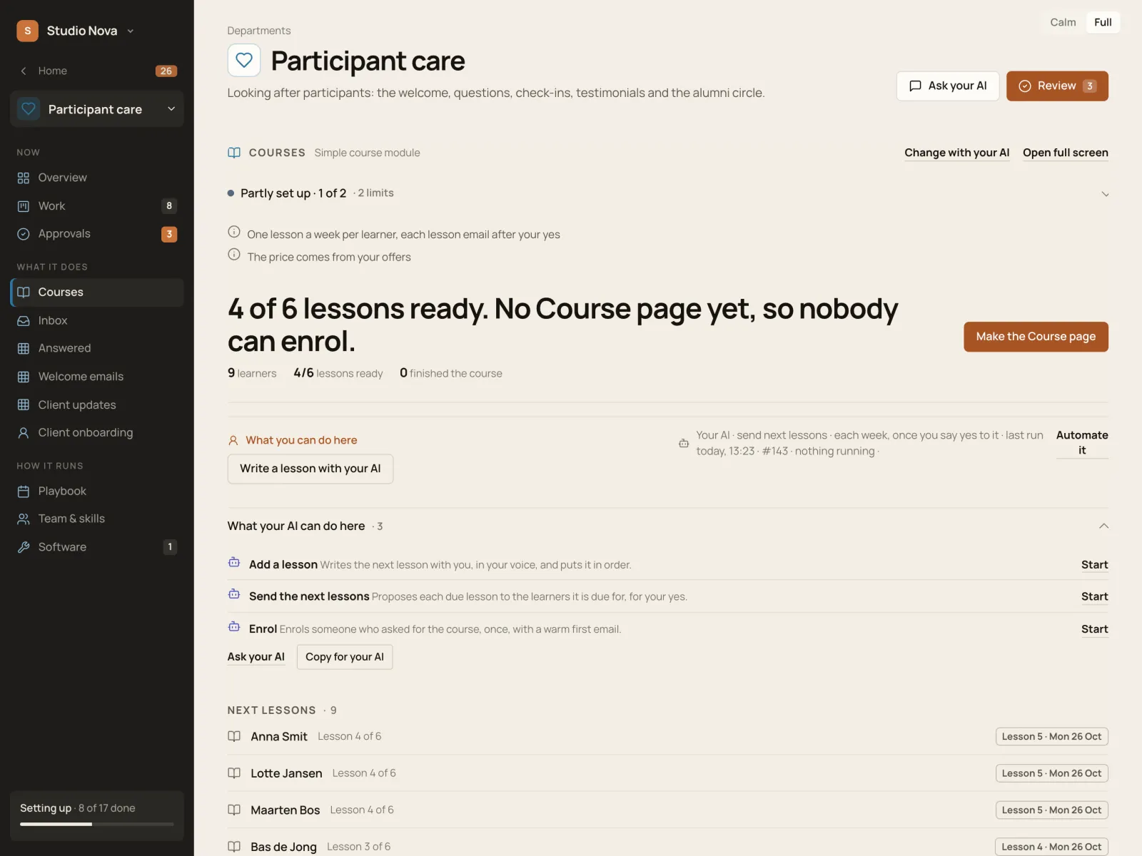 Courses, in the Company of One app (Studio Nova demo company), on an iPad