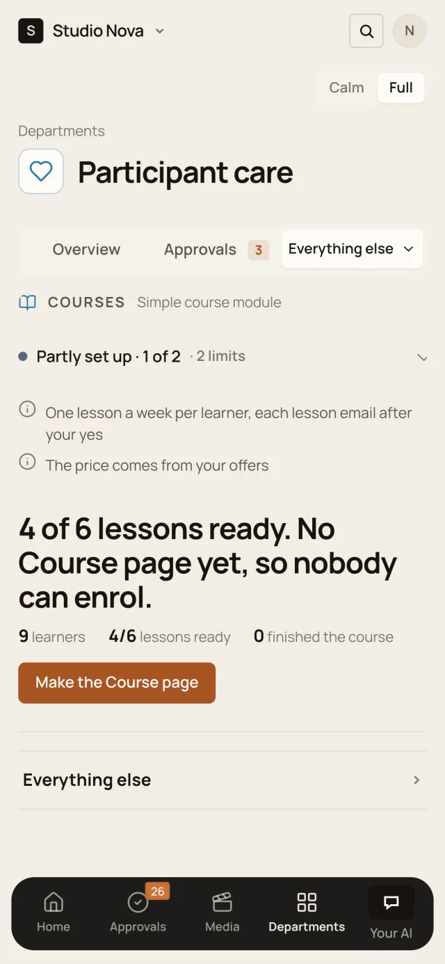Courses, in the Company of One app (Studio Nova demo company), on a phone
