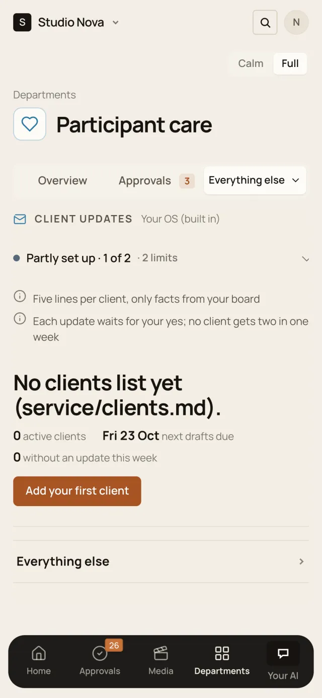 Client updates, in the Company of One app (Studio Nova demo company), on a phone