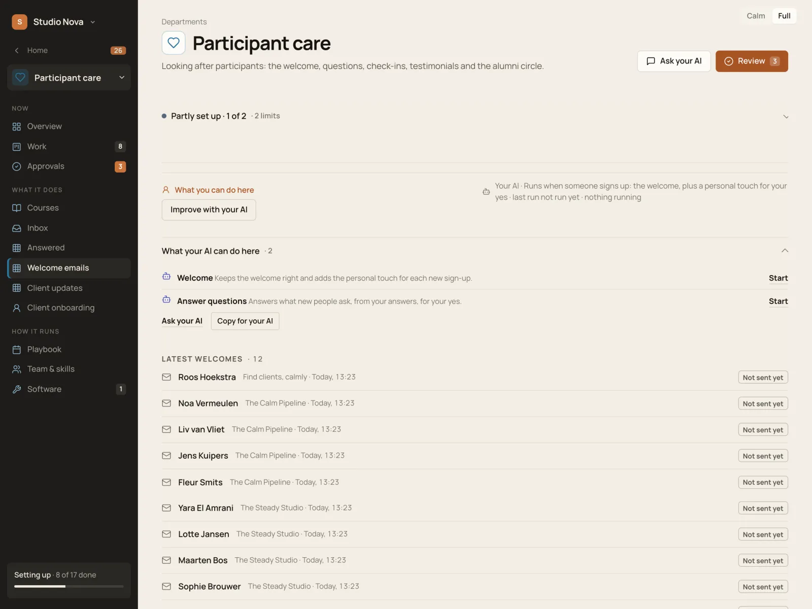 Welcome emails, in the Company of One app (Studio Nova demo company), on an iPad