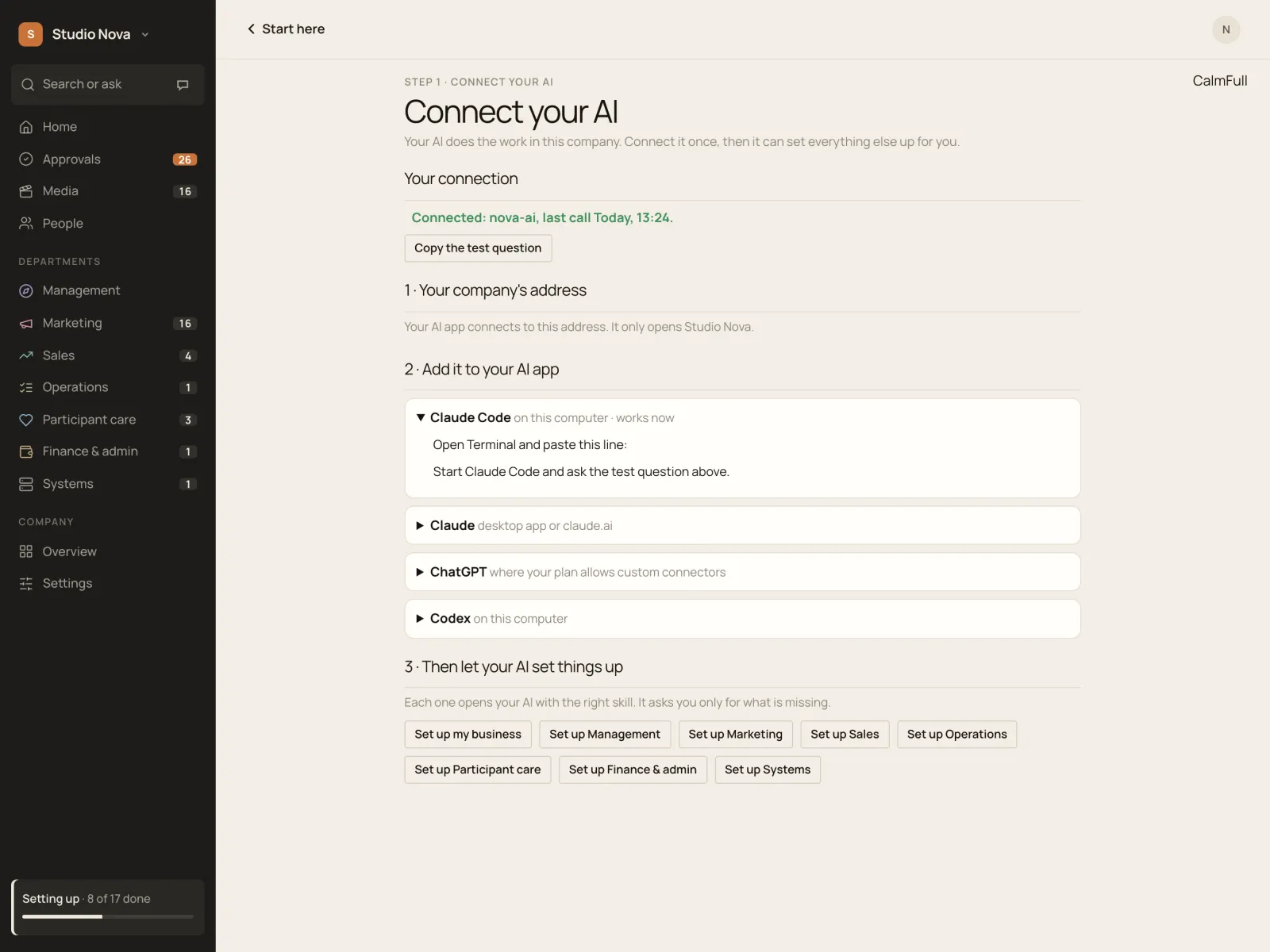 Connect your AI, in the Company of One app (Studio Nova demo company), on an iPad
