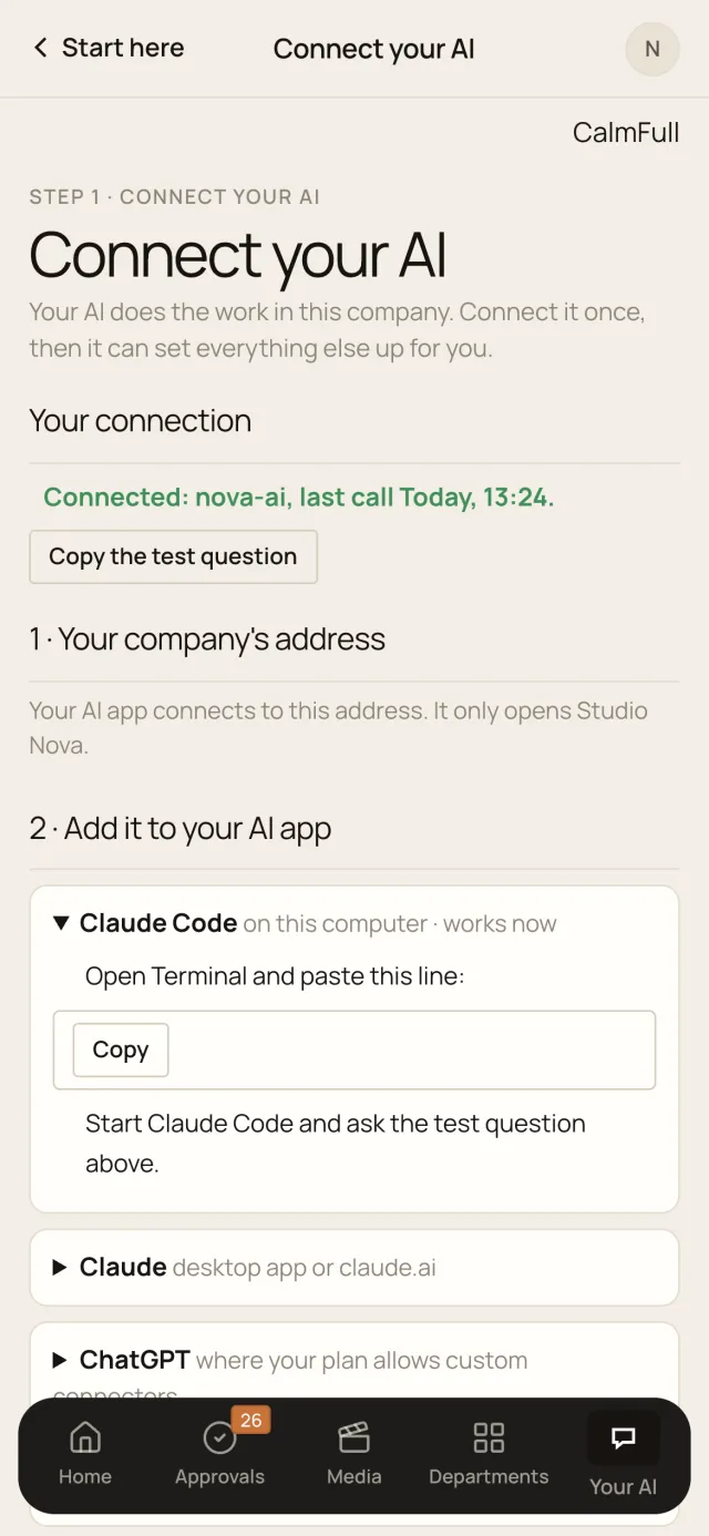 Connect your AI, in the Company of One app (Studio Nova demo company), on a phone