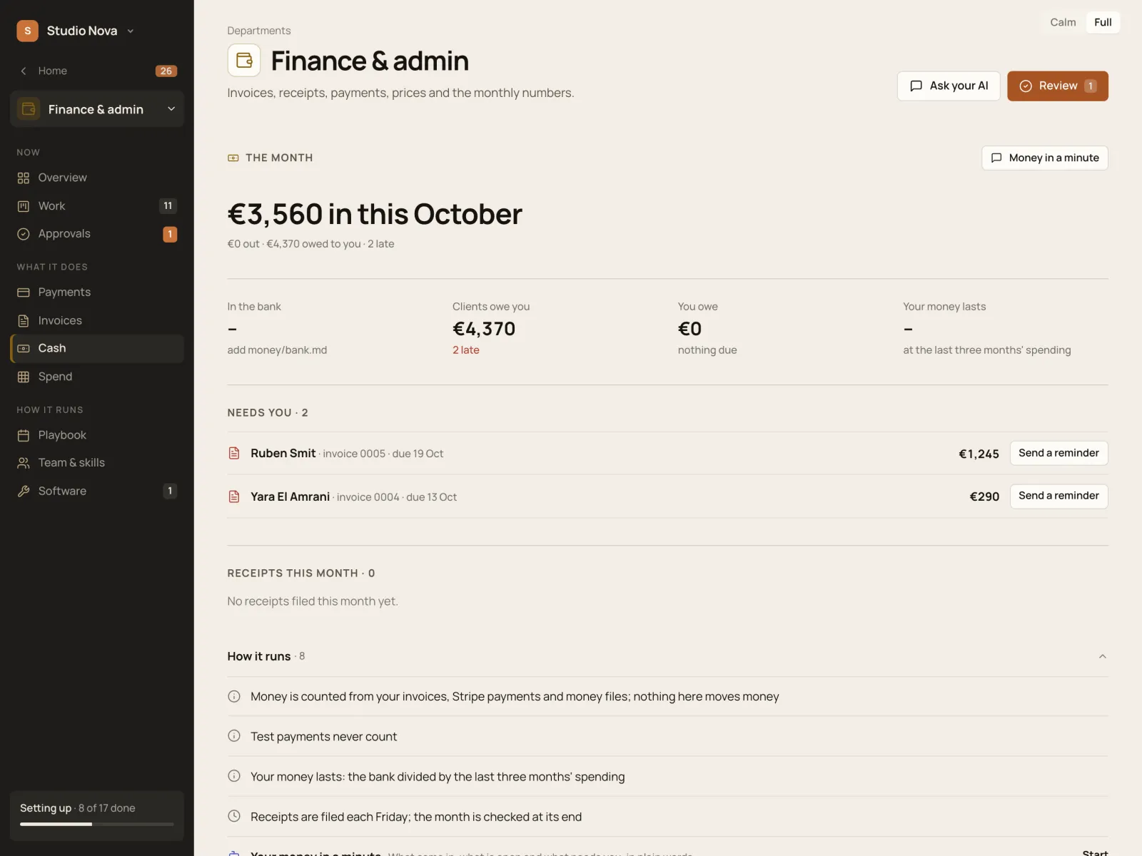 Your money, in the Company of One app (Studio Nova demo company), on an iPad