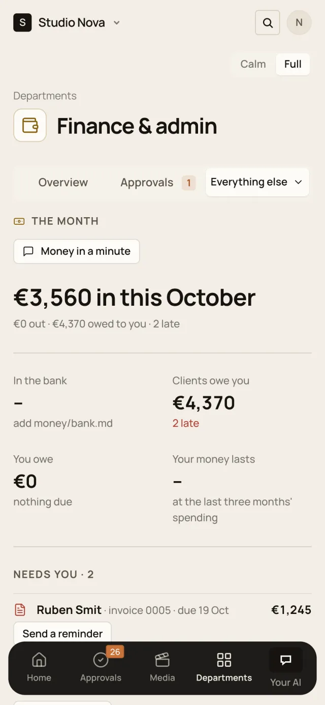 Your money, in the Company of One app (Studio Nova demo company), on a phone
