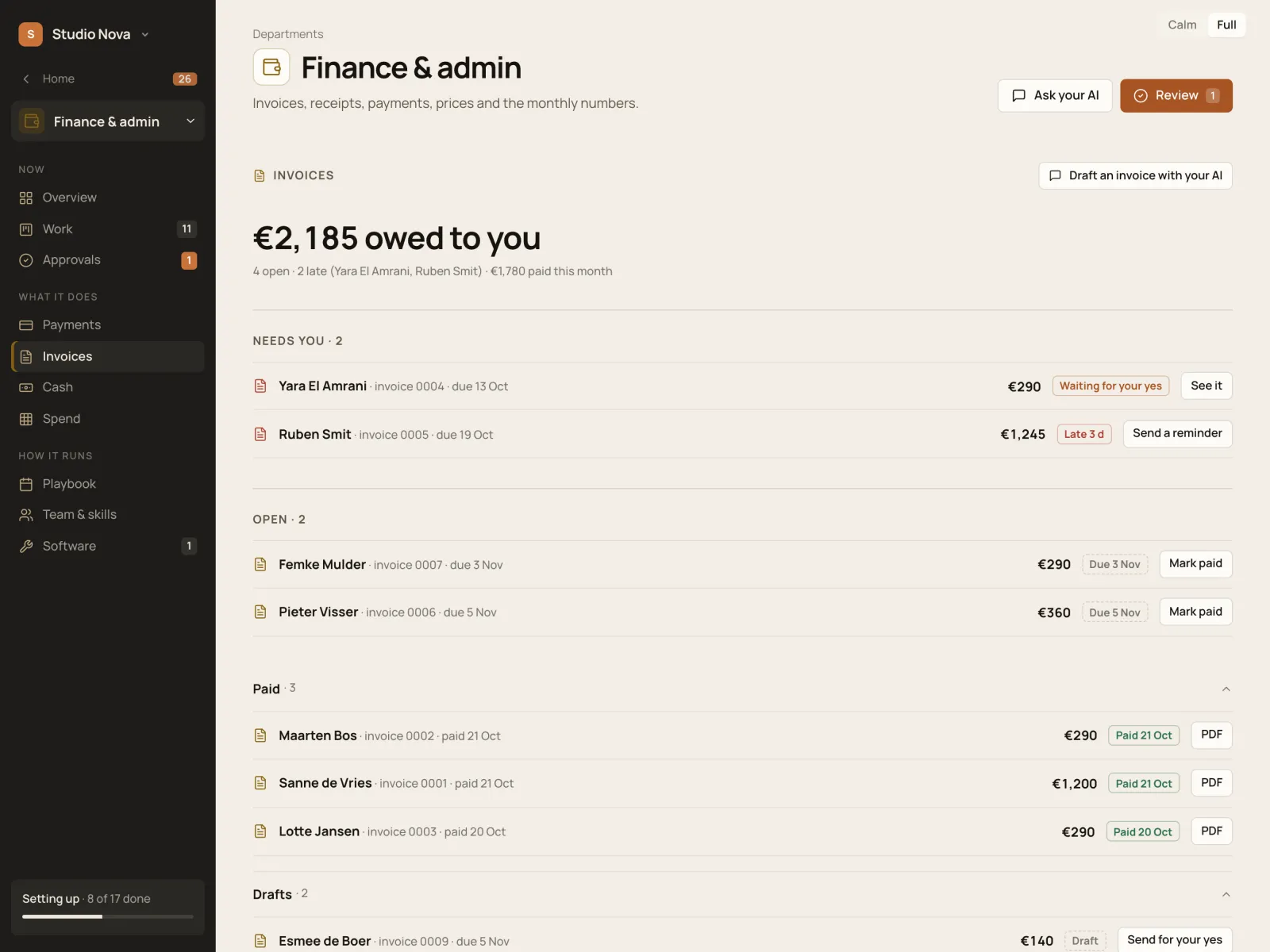 Finance & admin · Invoices, in the Company of One app (Studio Nova demo company), on an iPad