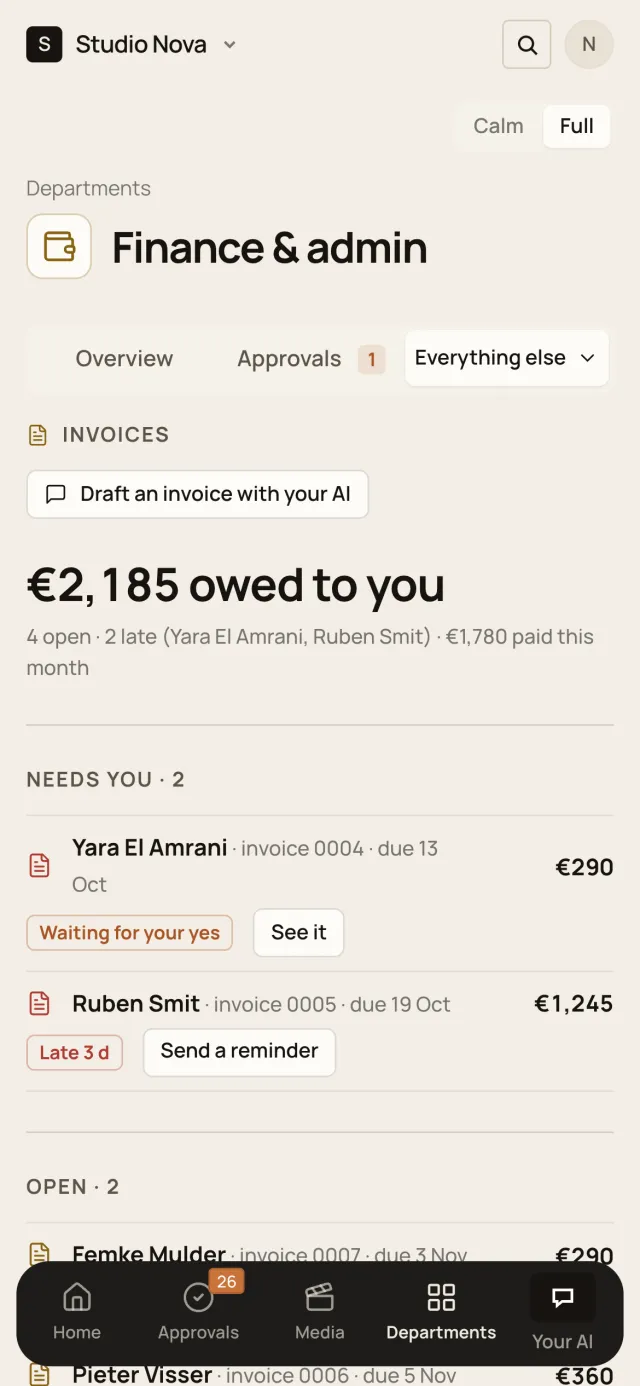Finance & admin · Invoices, in the Company of One app (Studio Nova demo company), on a phone