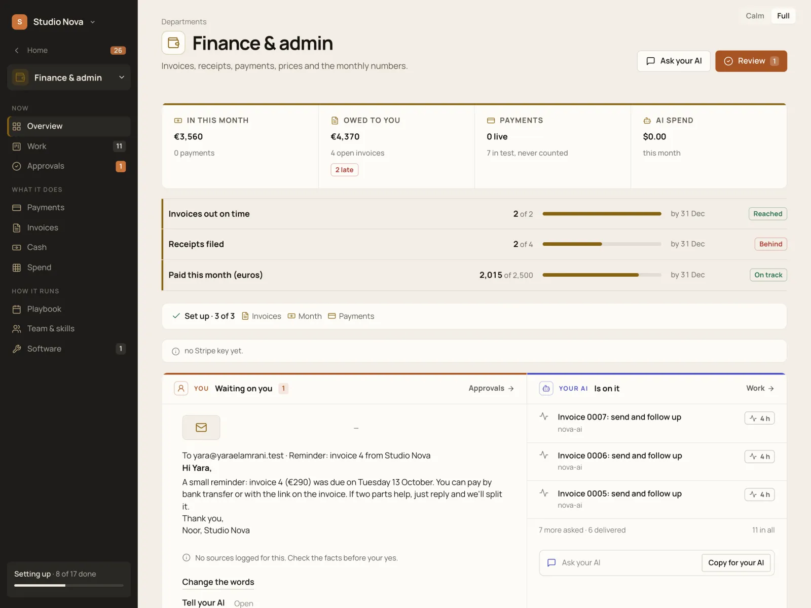 Finance at a glance, in the Company of One app (Studio Nova demo company), on an iPad