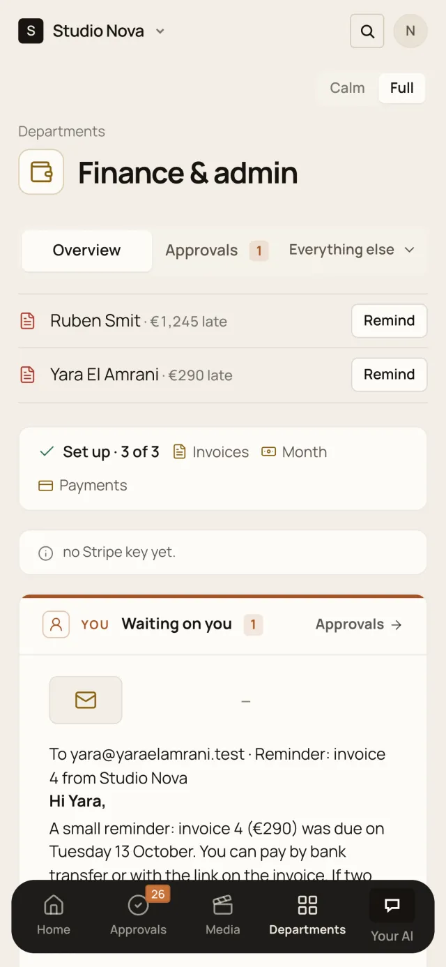 Finance at a glance, in the Company of One app (Studio Nova demo company), on a phone