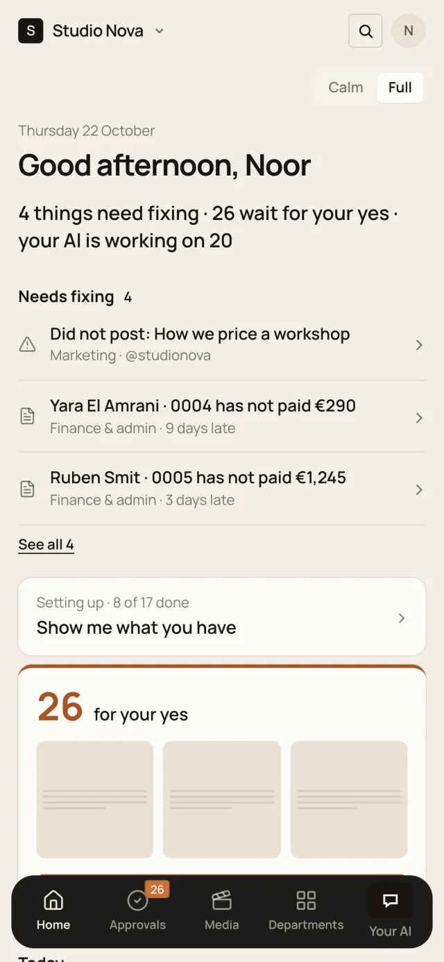 Home, in the Company of One app (Studio Nova demo company), on a phone
