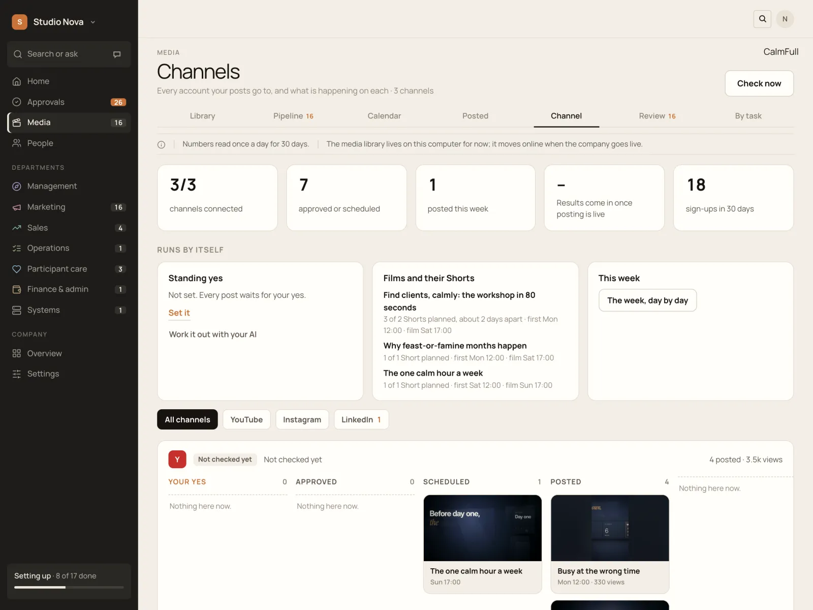 Channels, in the Company of One app (Studio Nova demo company), on an iPad