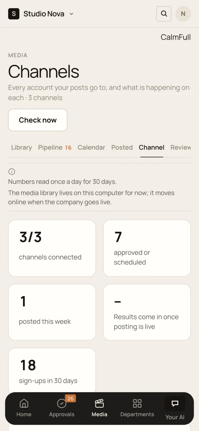 Channels, in the Company of One app (Studio Nova demo company), on a phone