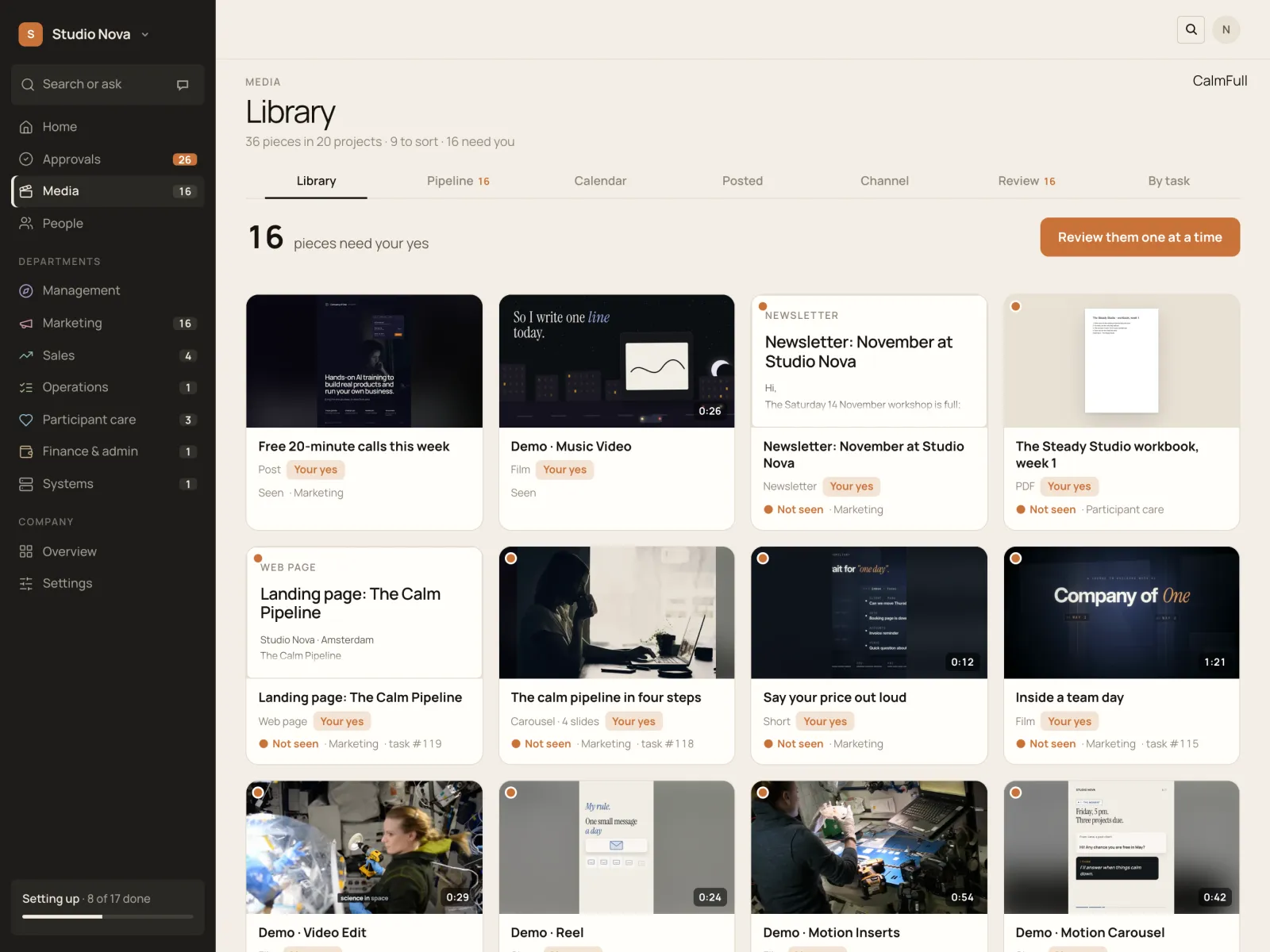 Media library, in the Company of One app (Studio Nova demo company), on an iPad