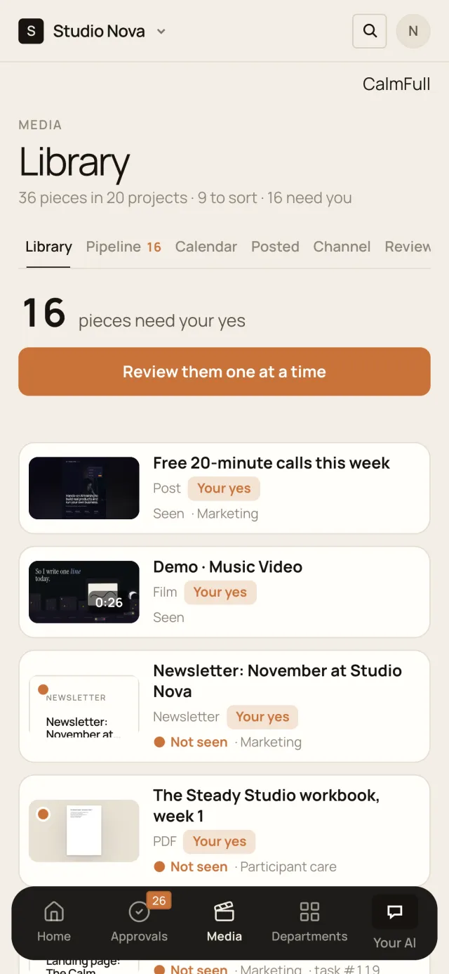 Media library, in the Company of One app (Studio Nova demo company), on a phone