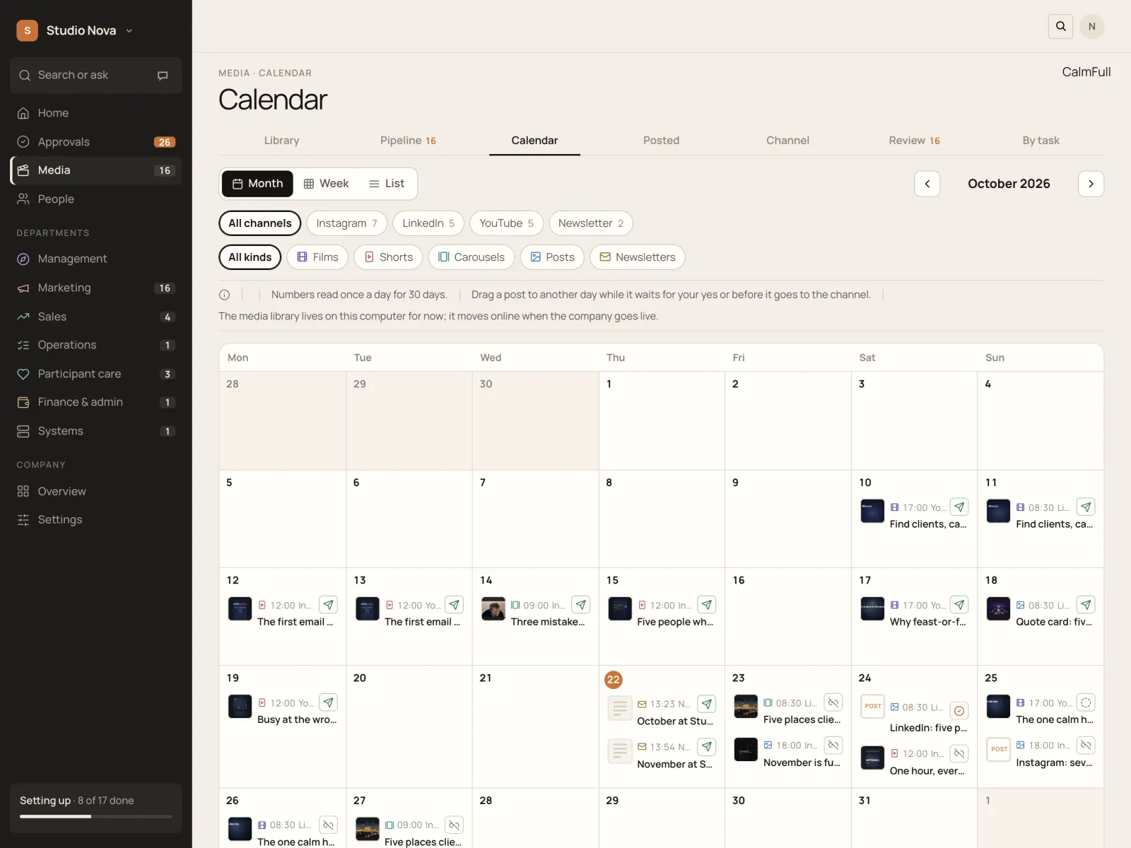 Calendar · Month, in the Company of One app (Studio Nova demo company), on an iPad