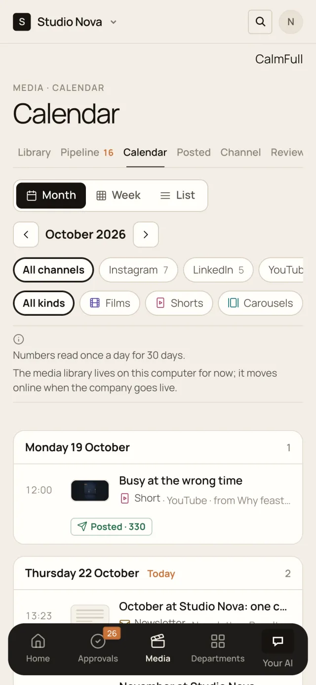 Calendar · Month, in the Company of One app (Studio Nova demo company), on a phone
