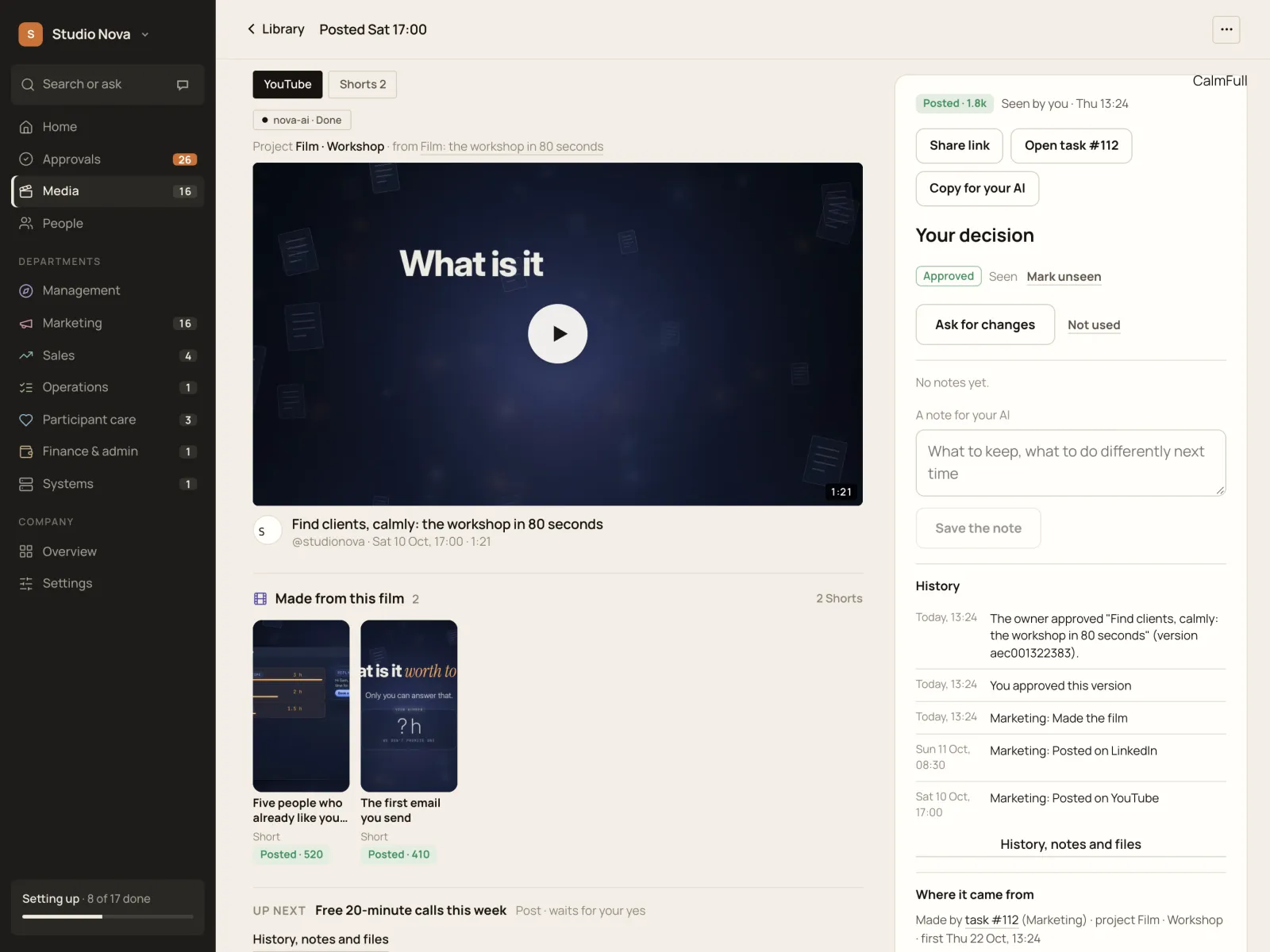 A film and its Shorts, in the Company of One app (Studio Nova demo company), on an iPad