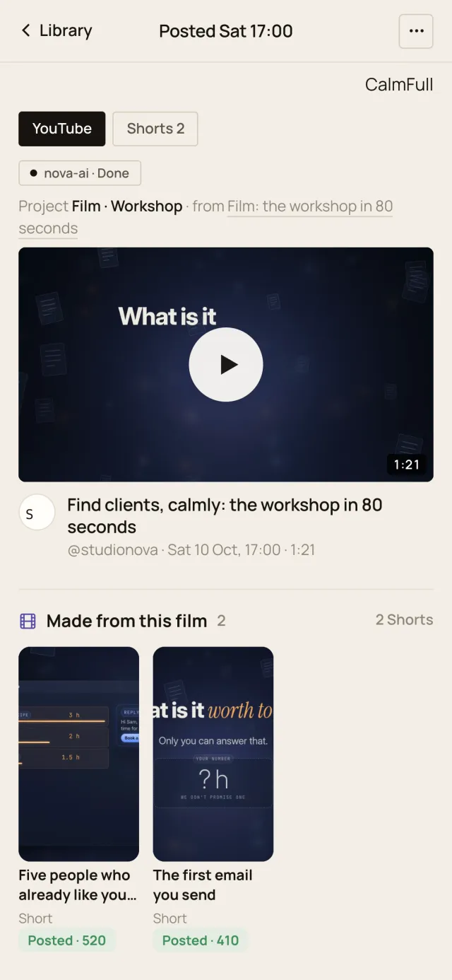 A film and its Shorts, in the Company of One app (Studio Nova demo company), on a phone