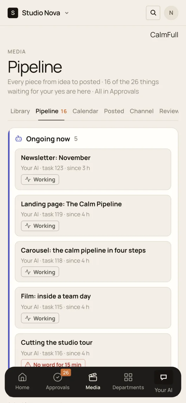 Pipeline, in the Company of One app (Studio Nova demo company), on a phone