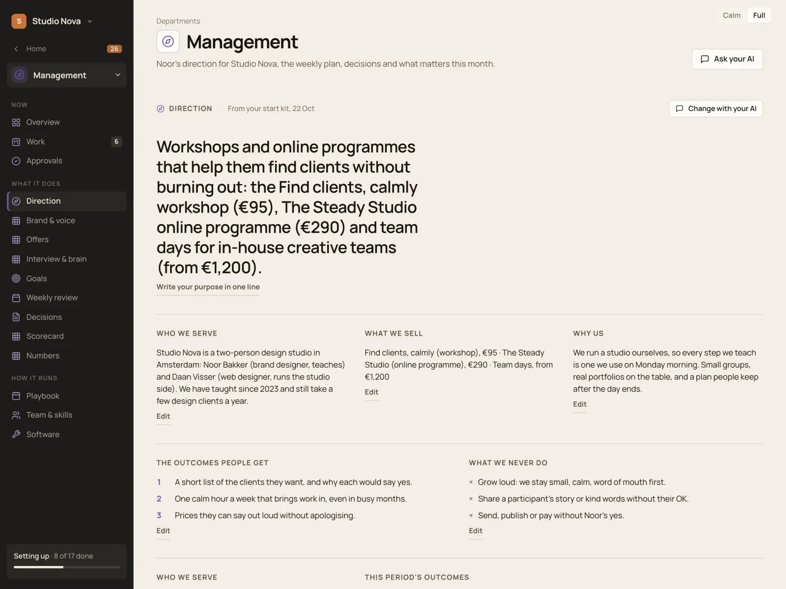 Management · Direction, in the Company of One app (Studio Nova demo company), on an iPad