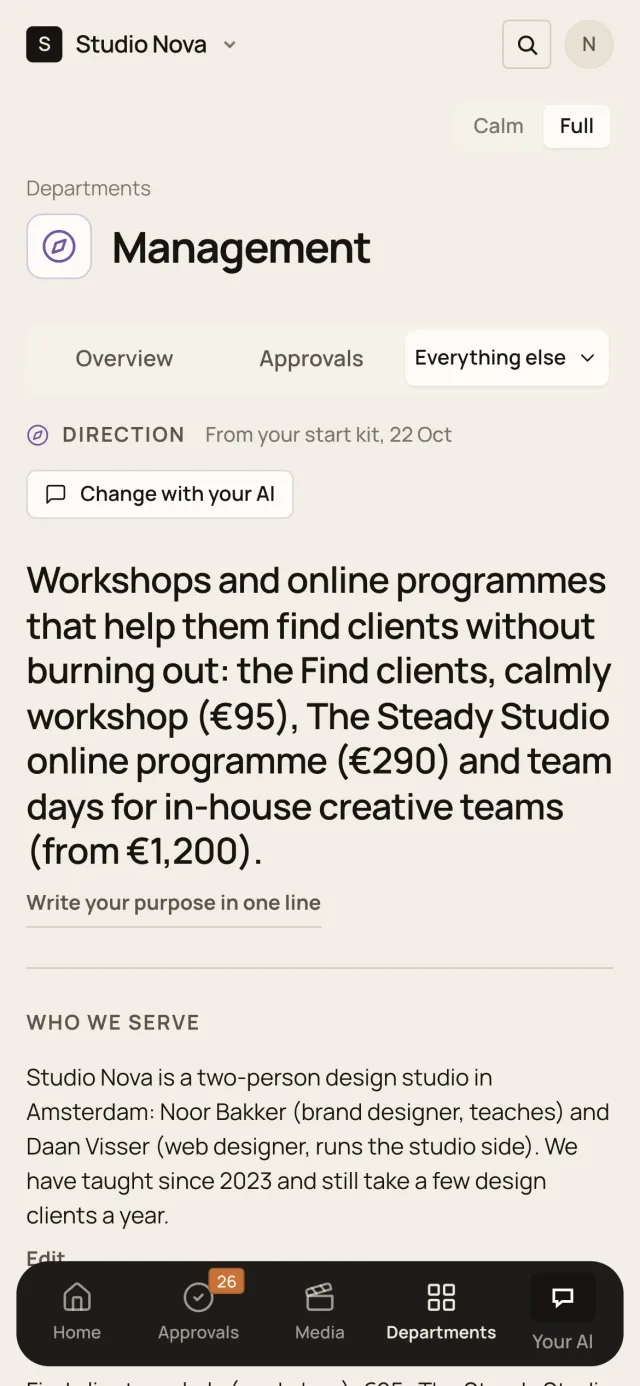 Management · Direction, in the Company of One app (Studio Nova demo company), on a phone