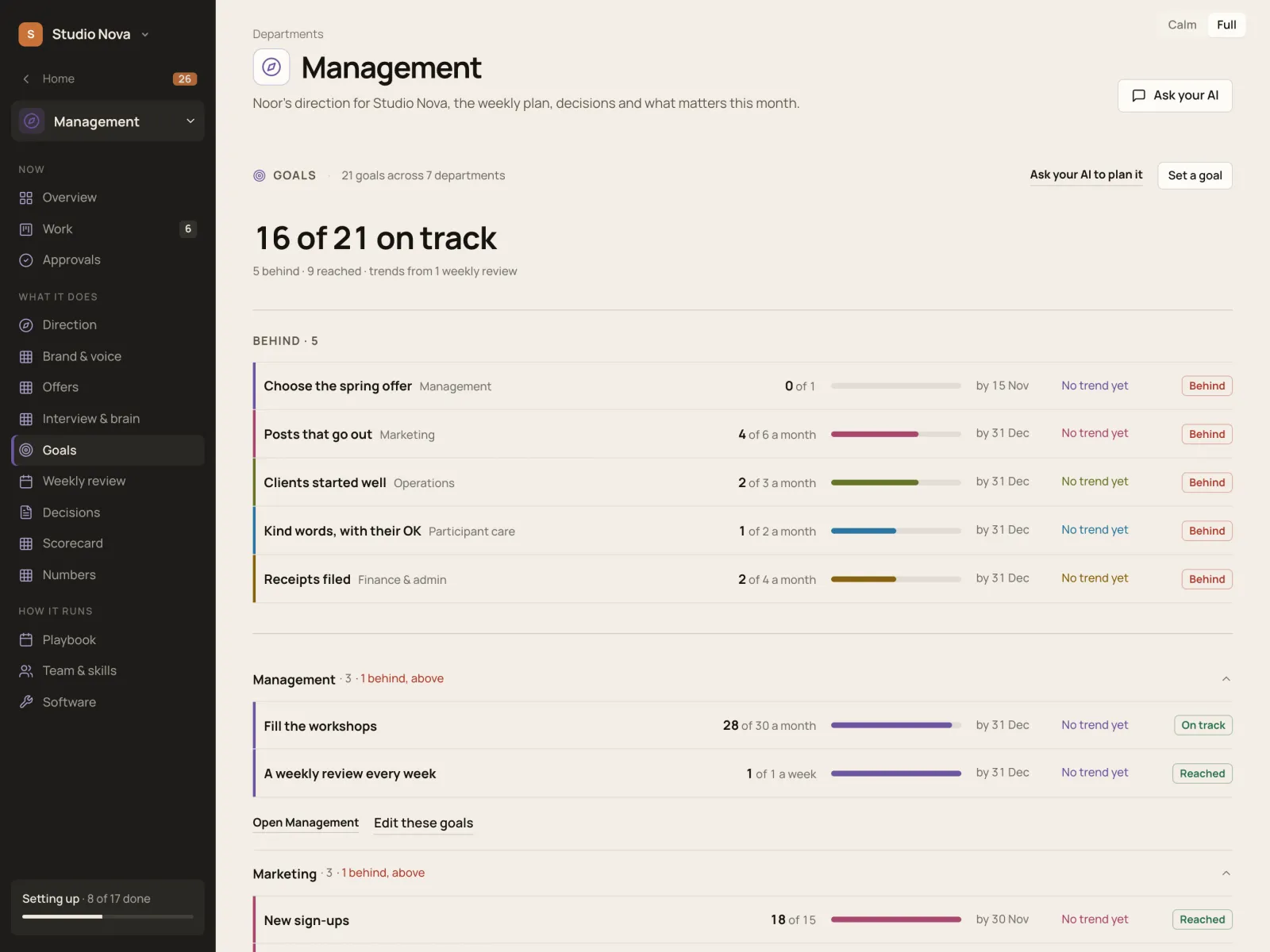 Goals, in the Company of One app (Studio Nova demo company), on an iPad