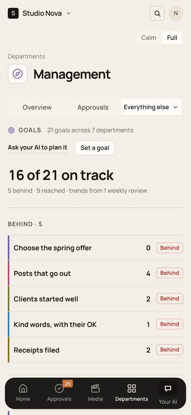 Goals, in the Company of One app (Studio Nova demo company), on a phone