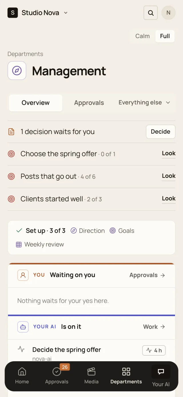 Your company at a glance, in the Company of One app (Studio Nova demo company), on a phone