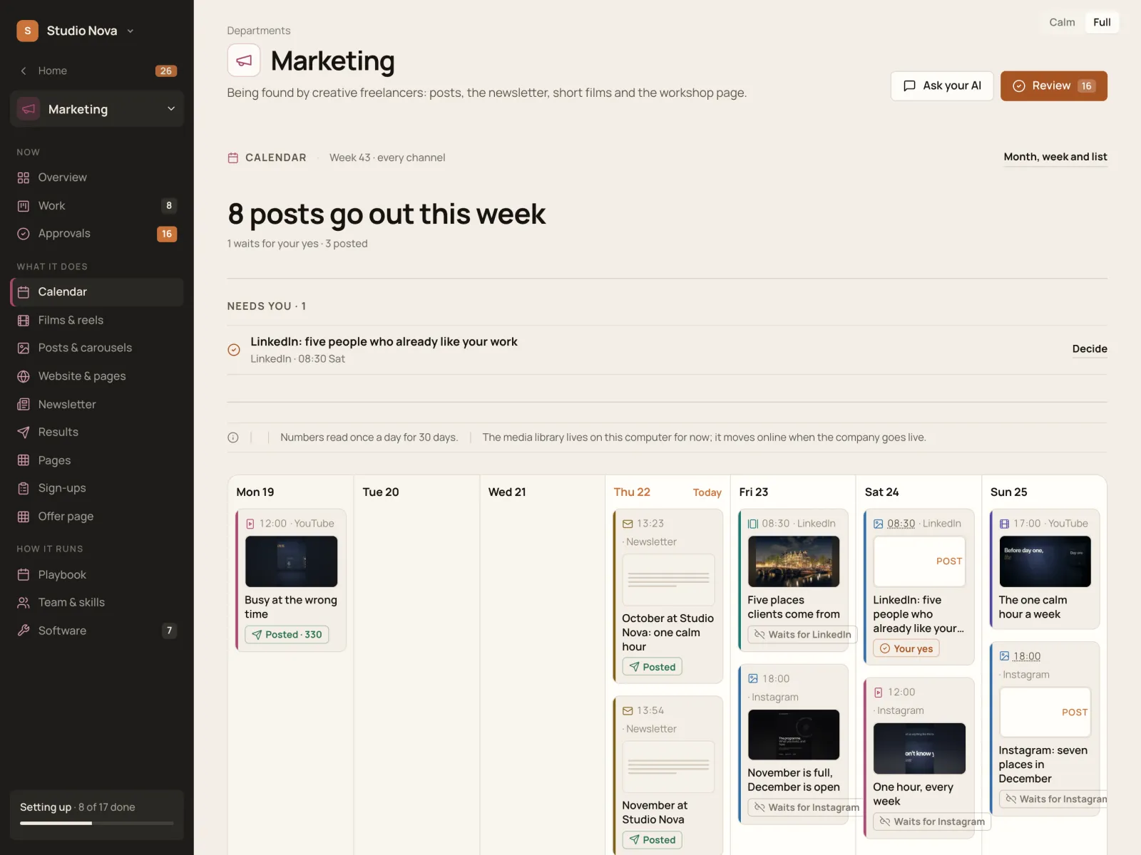Marketing · Calendar, in the Company of One app (Studio Nova demo company), on an iPad