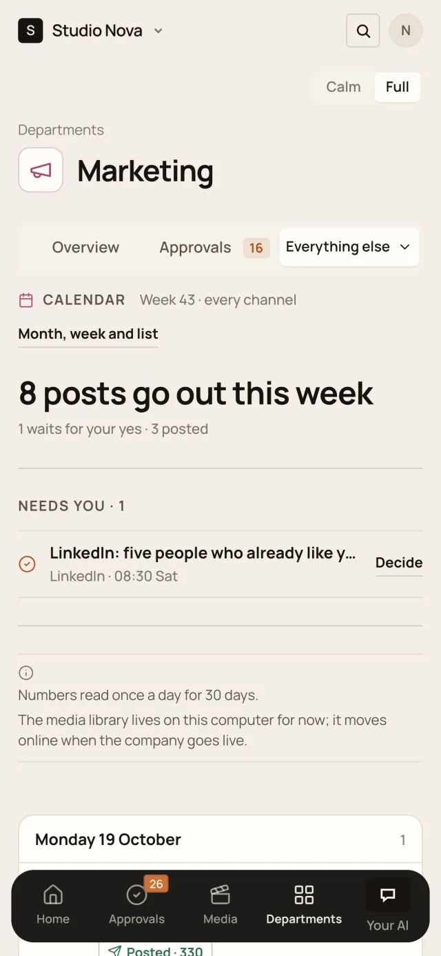 Marketing · Calendar, in the Company of One app (Studio Nova demo company), on a phone