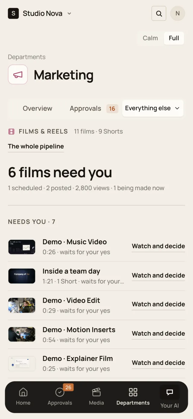 Films and reels, in the Company of One app (Studio Nova demo company), on a phone