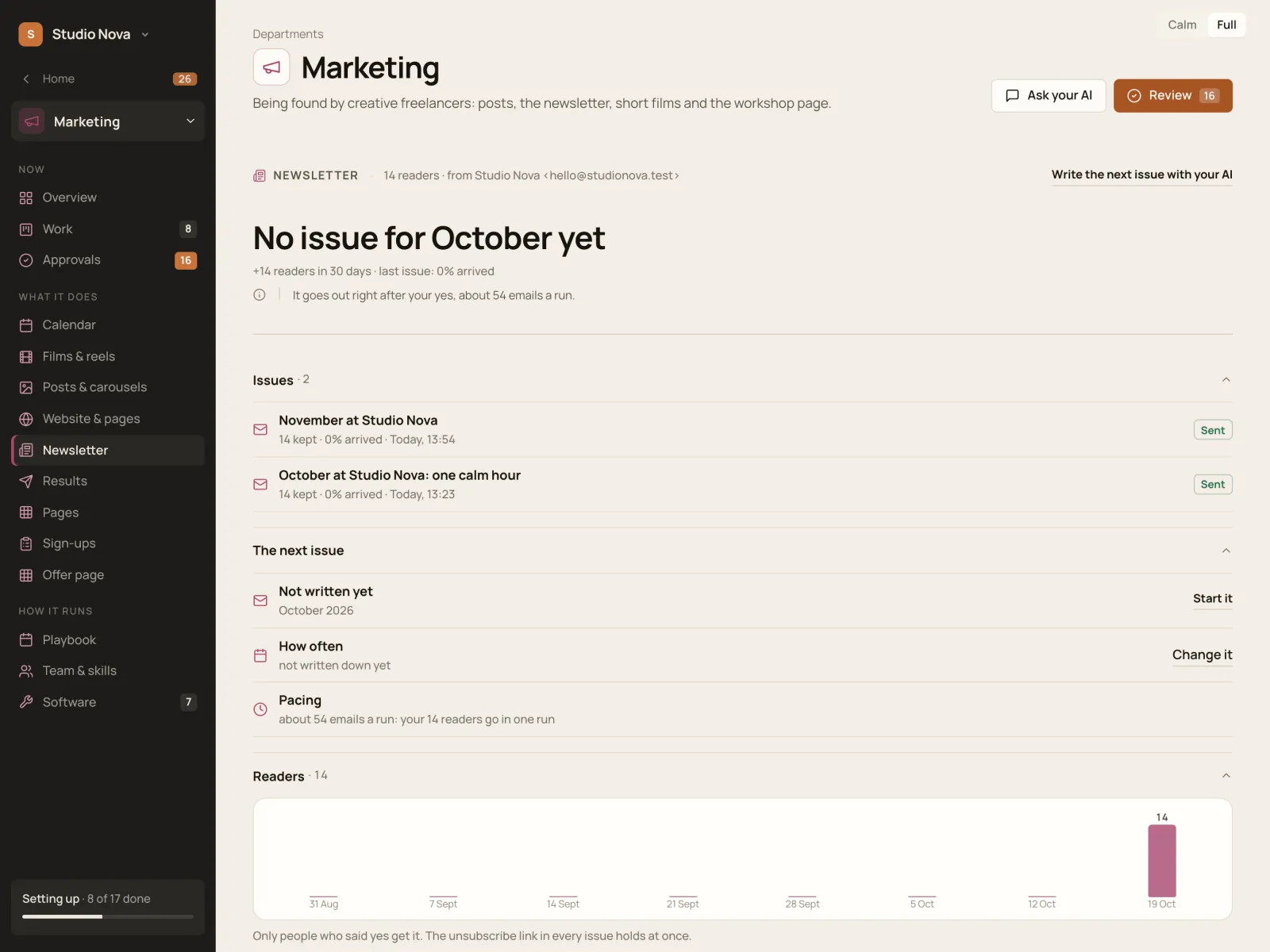 Marketing · Newsletter, in the Company of One app (Studio Nova demo company), on an iPad