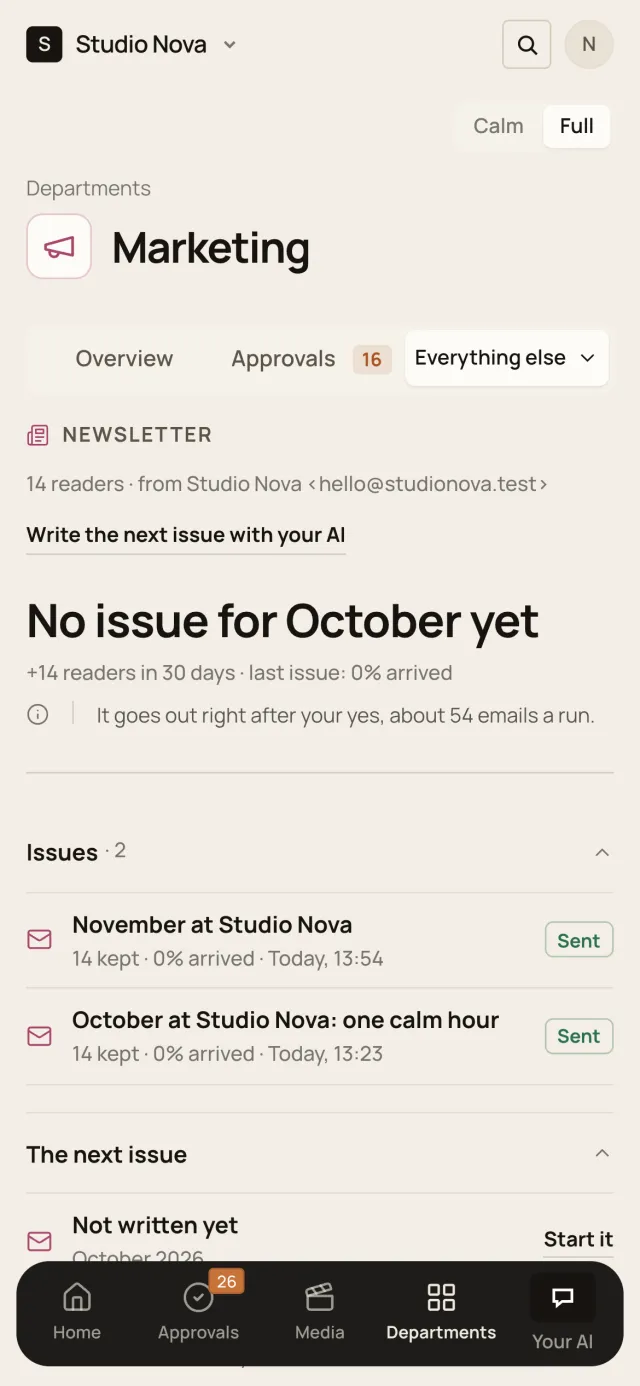 Marketing · Newsletter, in the Company of One app (Studio Nova demo company), on a phone
