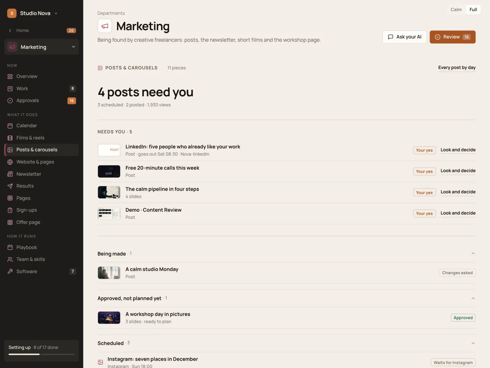 Posts and carousels, in the Company of One app (Studio Nova demo company), on an iPad
