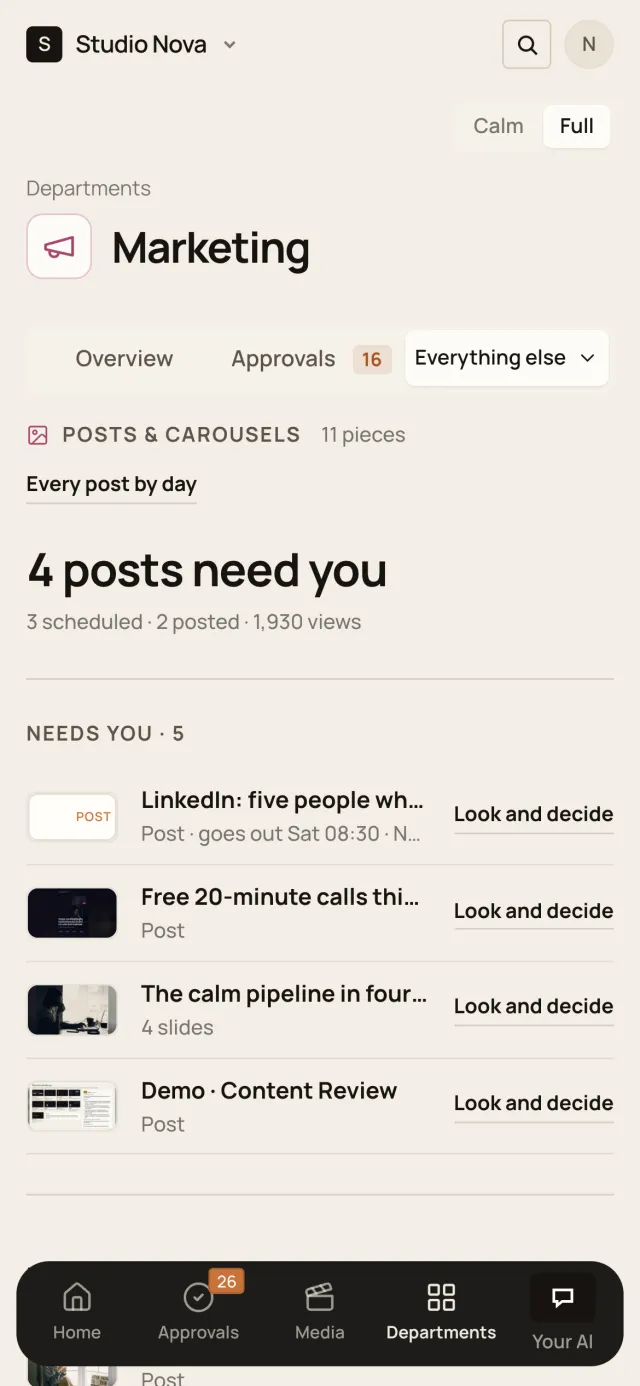 Posts and carousels, in the Company of One app (Studio Nova demo company), on a phone