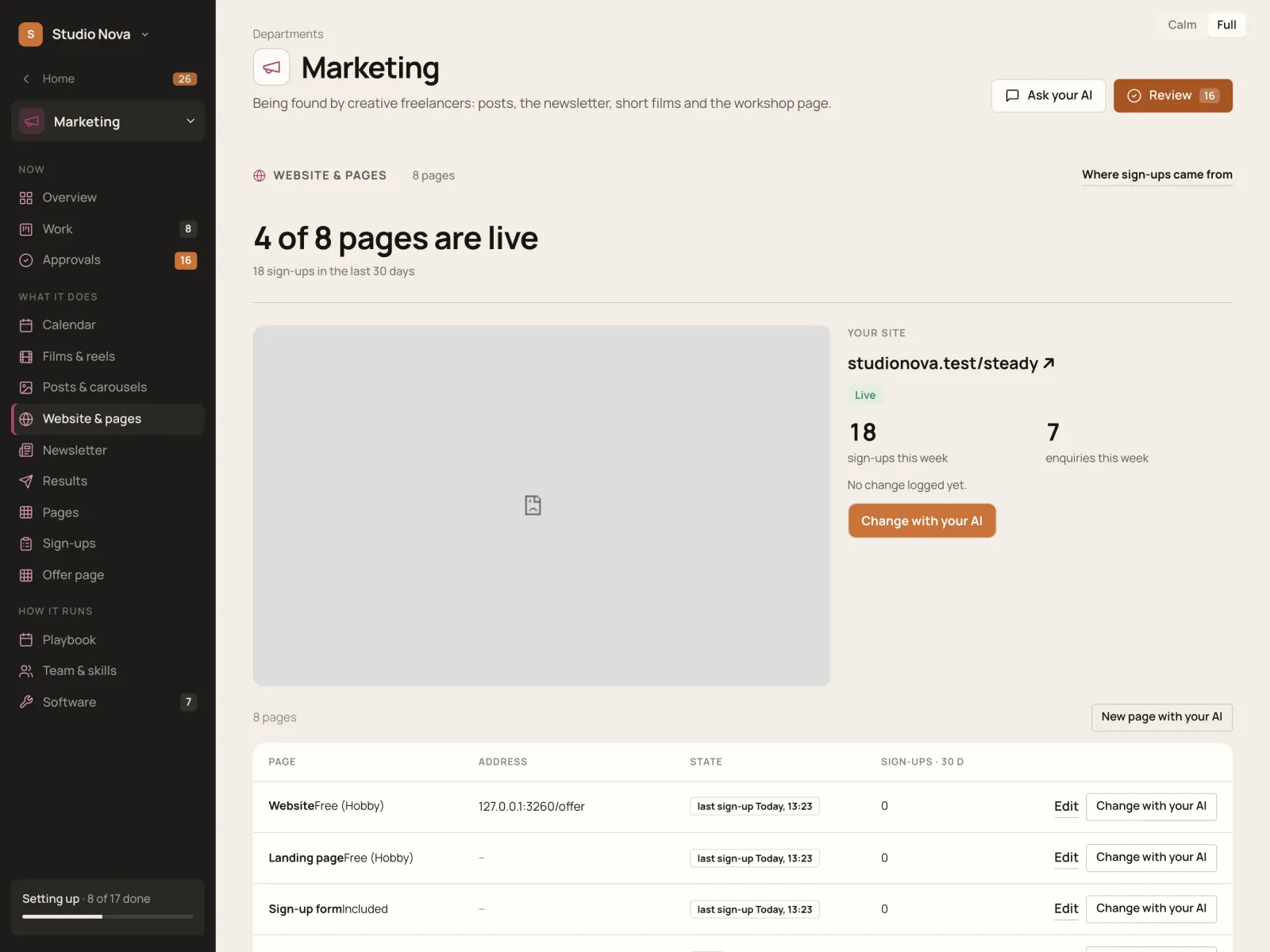 Marketing · Website & pages, in the Company of One app (Studio Nova demo company), on an iPad