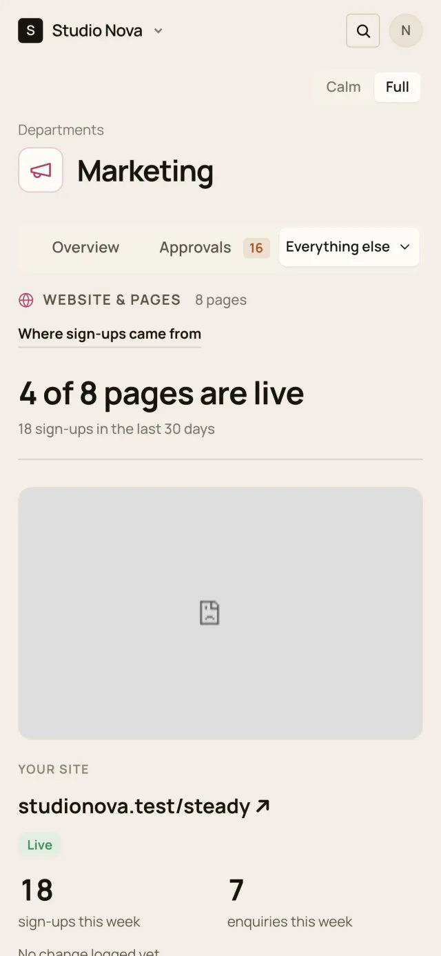 Marketing · Website & pages, in the Company of One app (Studio Nova demo company), on a phone