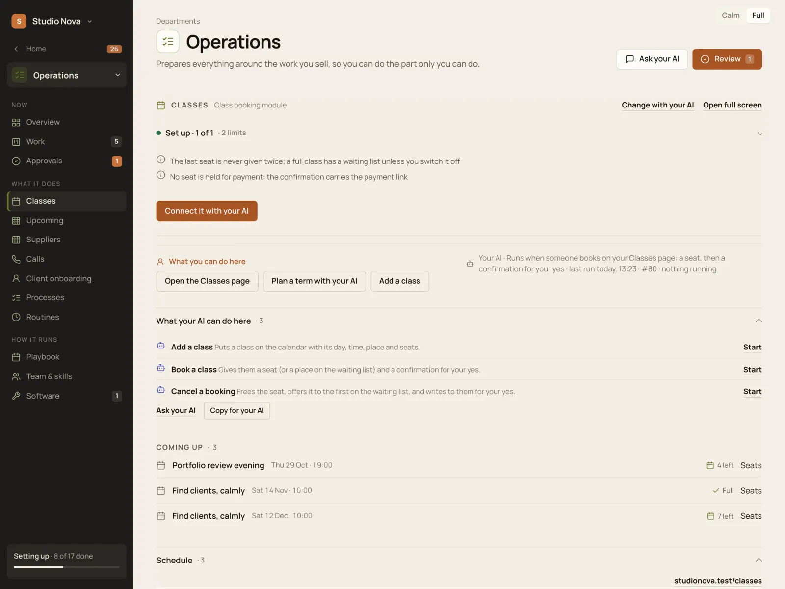 Operations · Classes, in the Company of One app (Studio Nova demo company), on an iPad