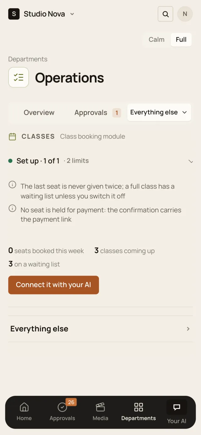 Operations · Classes, in the Company of One app (Studio Nova demo company), on a phone