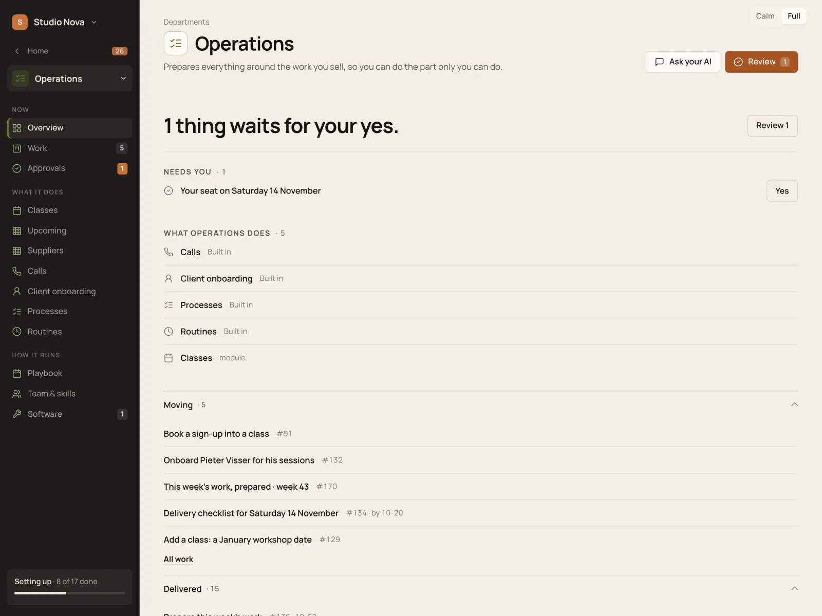 The week, prepared, in the Company of One app (Studio Nova demo company), on an iPad