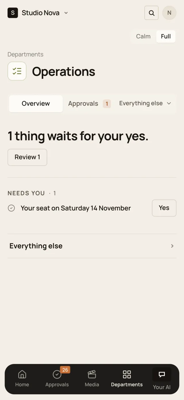 The week, prepared, in the Company of One app (Studio Nova demo company), on a phone