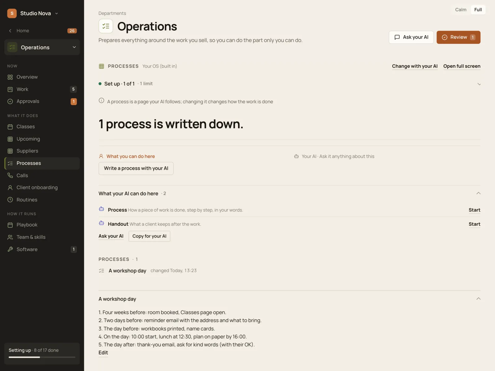 Processes, in the Company of One app (Studio Nova demo company), on an iPad