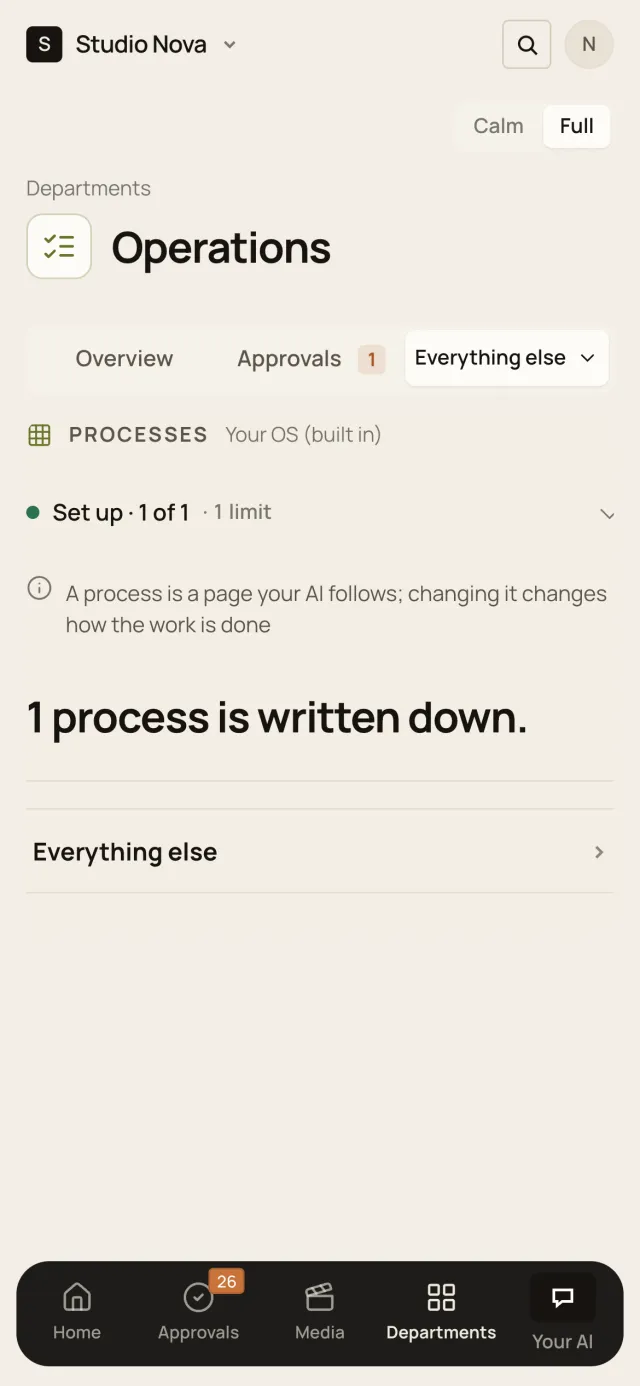 Processes, in the Company of One app (Studio Nova demo company), on a phone