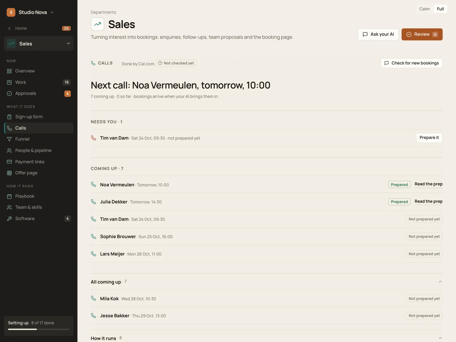 Calls, in the Company of One app (Studio Nova demo company), on an iPad