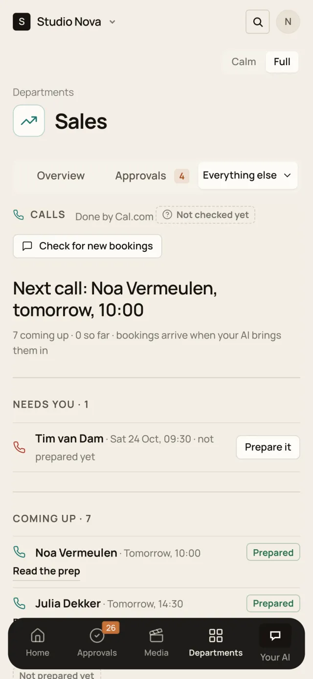 Calls, in the Company of One app (Studio Nova demo company), on a phone