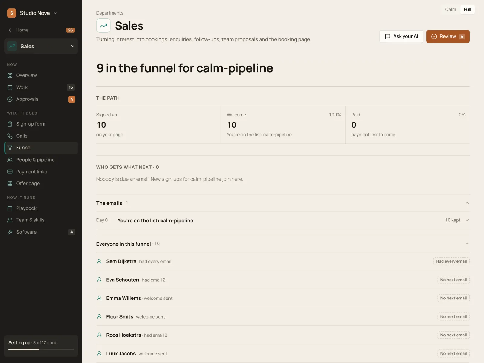 Funnel, in the Company of One app (Studio Nova demo company), on an iPad