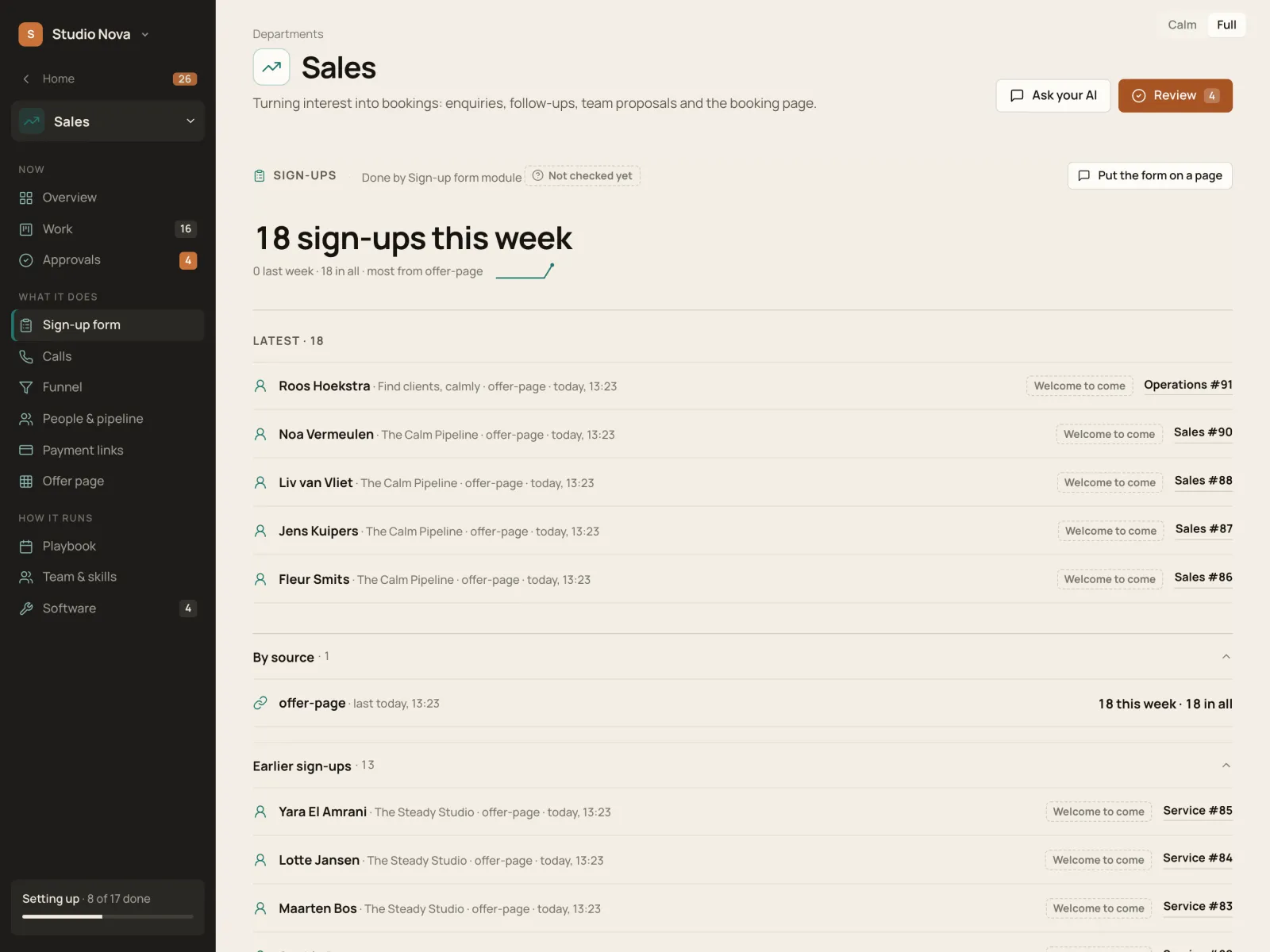 Sign-ups, in the Company of One app (Studio Nova demo company), on an iPad