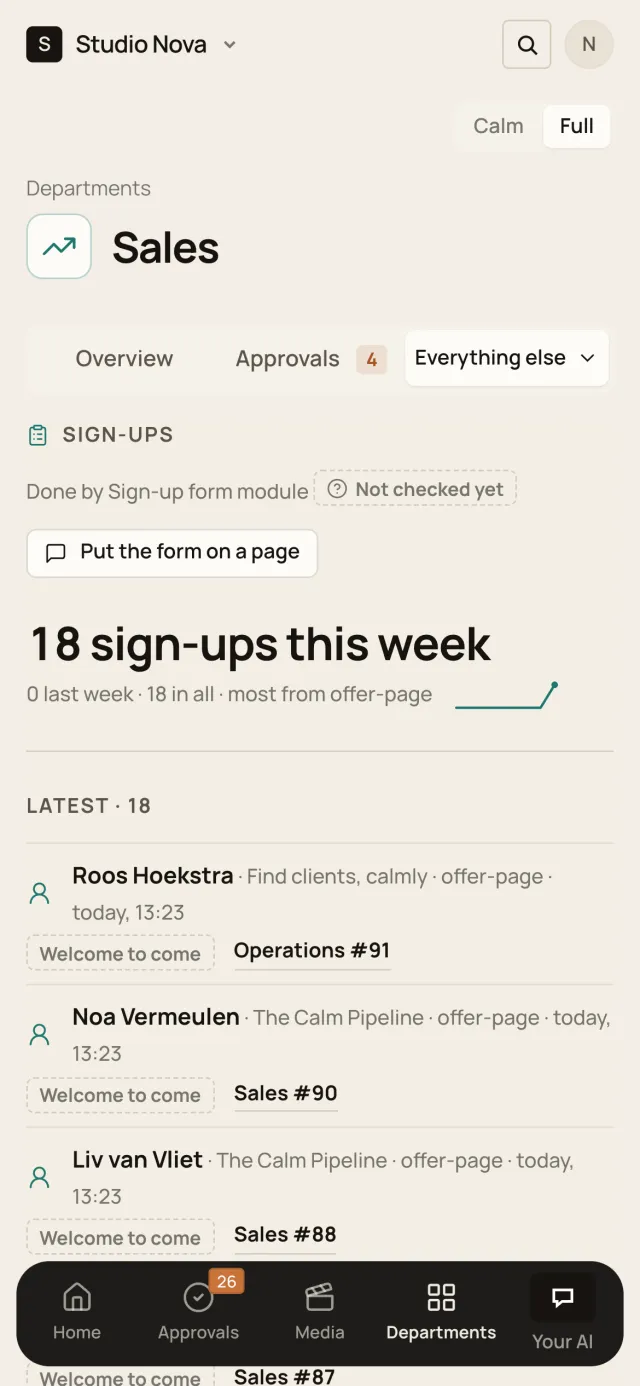 Sign-ups, in the Company of One app (Studio Nova demo company), on a phone
