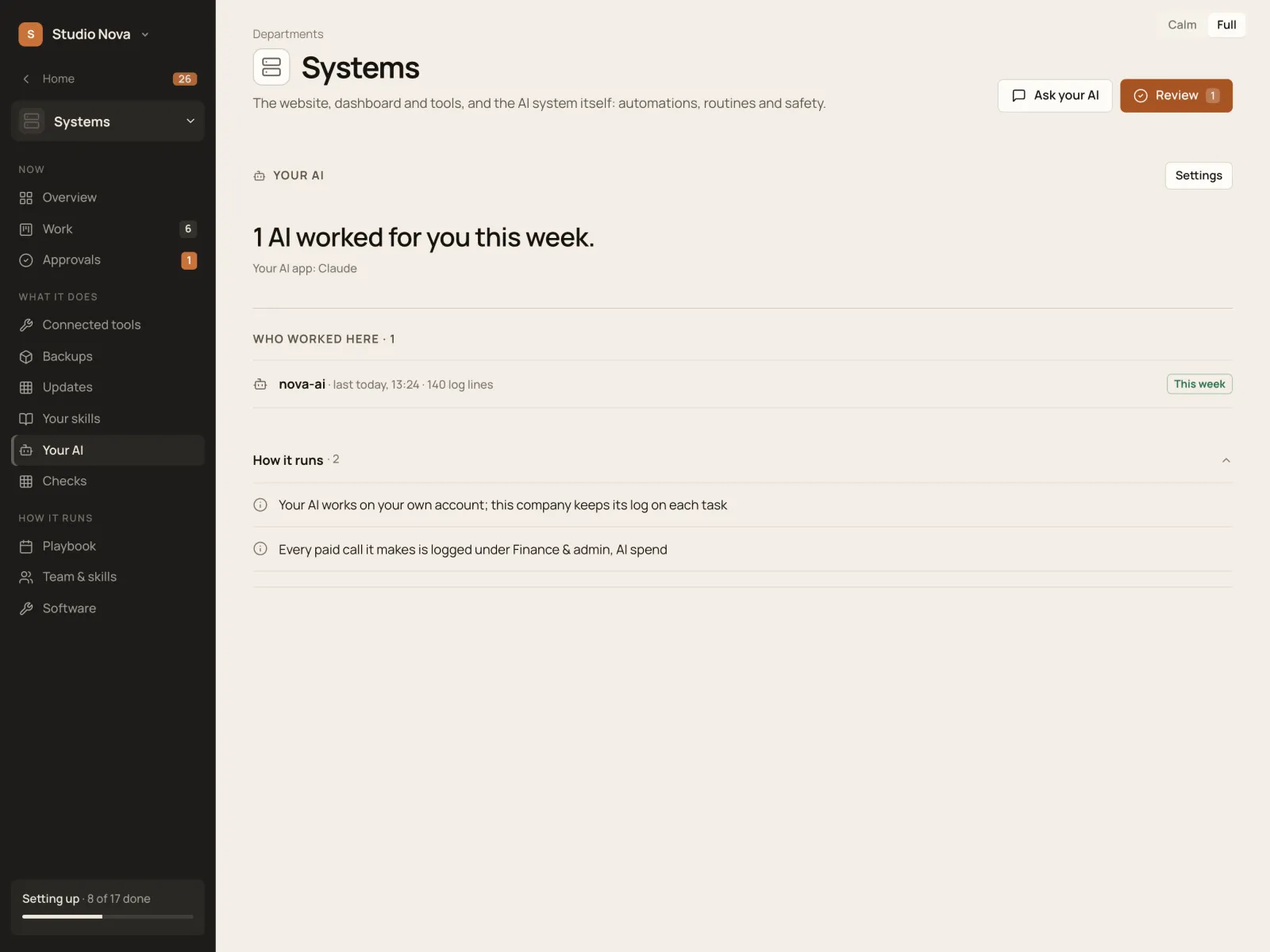 Your AI, in the Company of One app (Studio Nova demo company), on an iPad